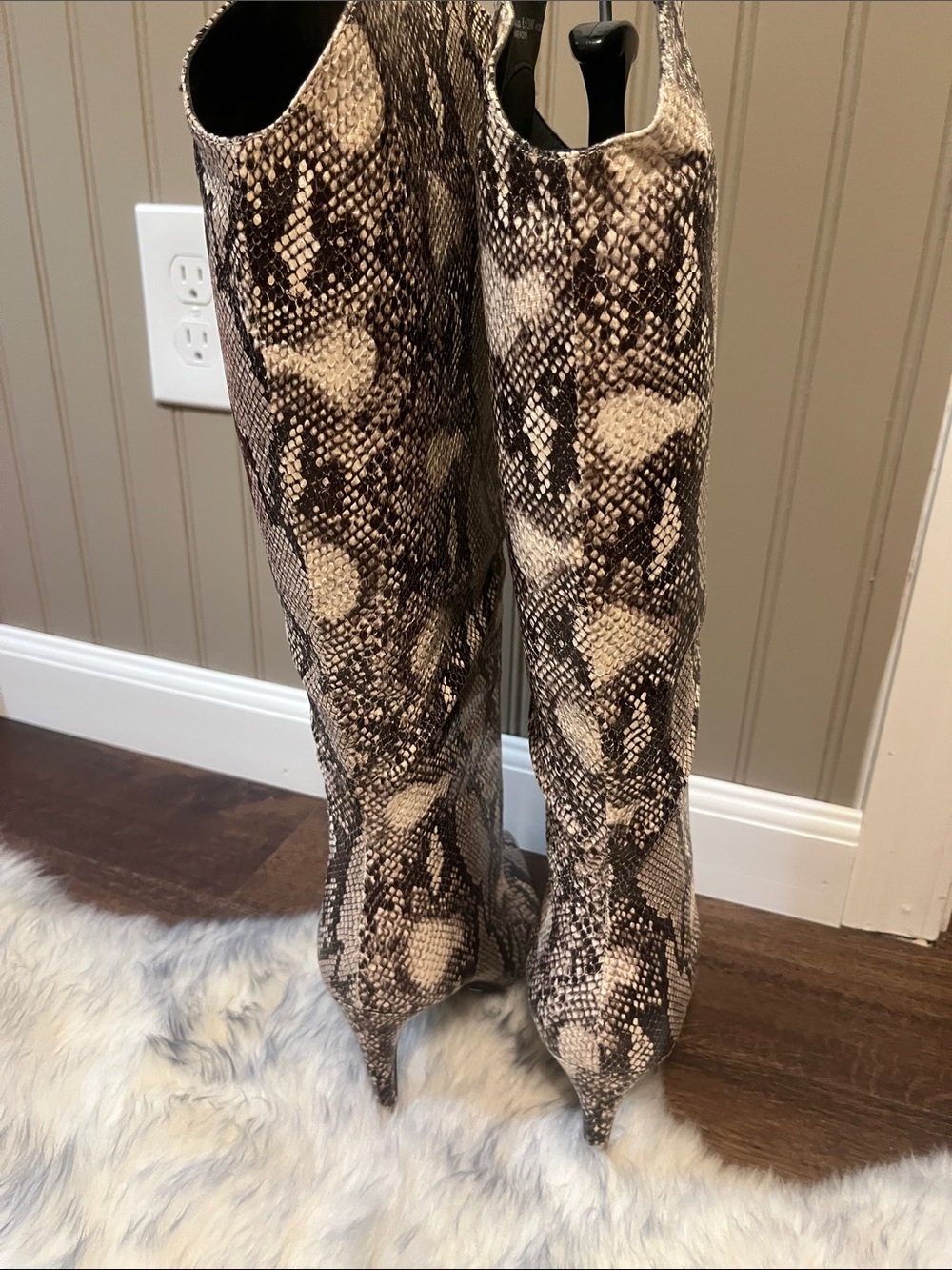 Snake Print Knee-High Stiletto Boots - Neutral Tones - Picture 2 of 3
